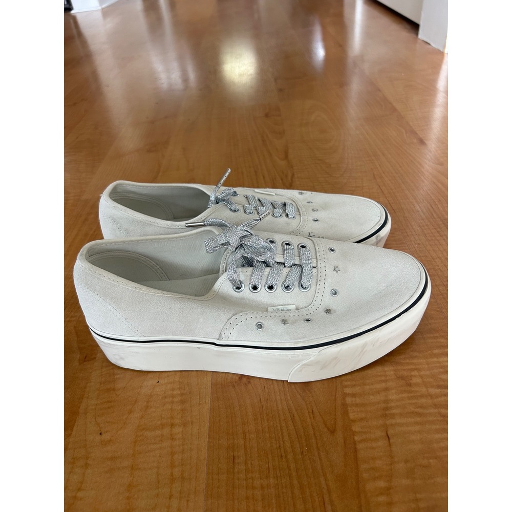 Vans Authentic Platform Cream Star Studded Sneakers Silver Glitter Laces 9.5